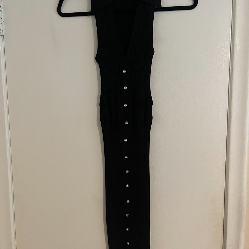 Ronny Kobo Black Ribbed Knit Button Down Bodycon Midi Dress Size S